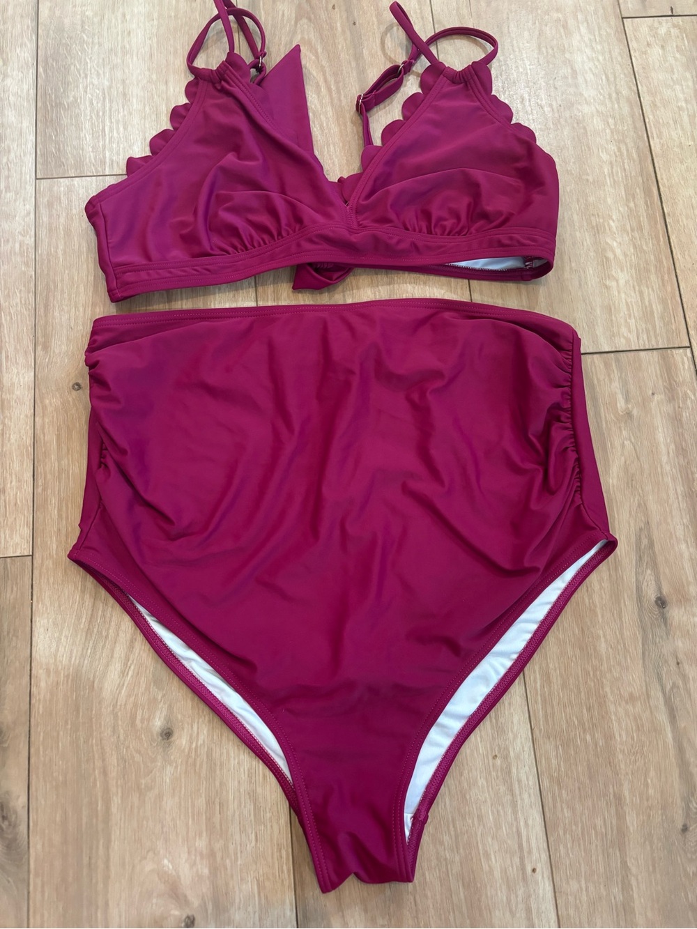 High-Waist Scalloped Triangle Bikini Set in Deep Fuchsia